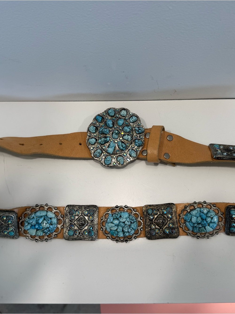 Vintage Turquoise Stone Embellished Tan Leather Belt by Leatherock - Picture 7 of 11